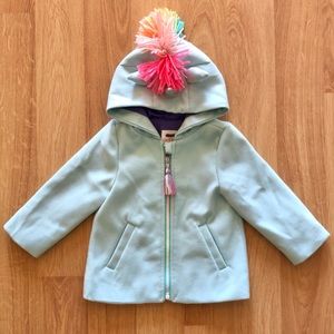 EUC Cat & Jack Baby Girl Coat-Baby Blue with Unicorn Horn and Rainbow Mane Trim